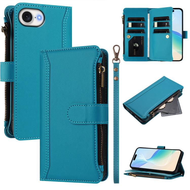 Magnetic Closure 9 Card Slots Zipper Leather Case with Hand Strap, For iPhone 18 Pro / 17 Pro, For iPhone 18 Pro Max / 17 Pro Max, For iPhone 17e / 16e, For iPhone 17