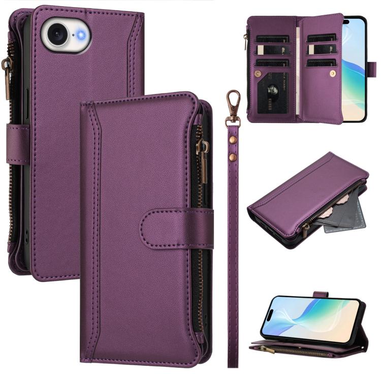 Magnetic Closure 9 Card Slots Zipper Leather Case with Hand Strap, For iPhone 18 Pro / 17 Pro, For iPhone 18 Pro Max / 17 Pro Max, For iPhone 17e / 16e, For iPhone 17