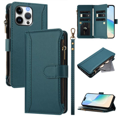 Magnetic Closure 9 Card Slots Zipper Leather Case with Hand Strap, For iPhone Air, For iPhone 16 Pro Max, For iPhone 16 Pro, For iPhone 16 Plus
