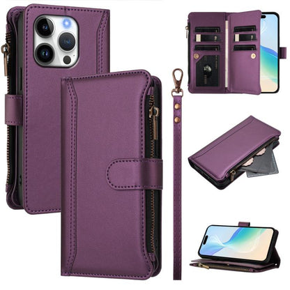 Magnetic Closure 9 Card Slots Zipper Leather Case with Hand Strap