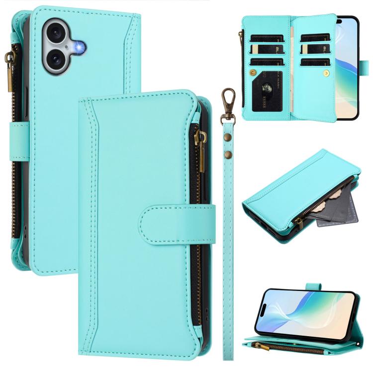 Magnetic Closure 9 Card Slots Zipper Leather Case with Hand Strap
