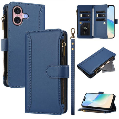 Magnetic Closure 9 Card Slots Zipper Leather Case with Hand Strap, For iPhone 16, For iPhone 15 Pro Max, For iPhone 15 Pro, For iPhone 15 Plus
