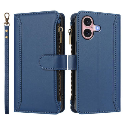Magnetic Closure 9 Card Slots Zipper Leather Case with Hand Strap, For iPhone 16, For iPhone 15 Pro Max, For iPhone 15 Pro, For iPhone 15 Plus