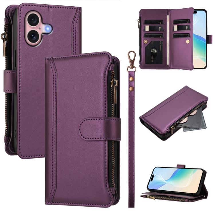 Magnetic Closure 9 Card Slots Zipper Leather Case with Hand Strap, For iPhone 16, For iPhone 15 Pro Max, For iPhone 15 Pro, For iPhone 15 Plus