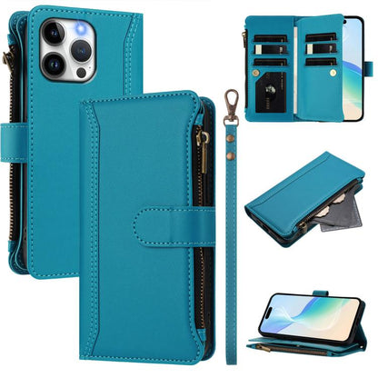 Magnetic Closure 9 Card Slots Zipper Leather Case with Hand Strap, For iPhone 16, For iPhone 15 Pro Max, For iPhone 15 Pro, For iPhone 15 Plus