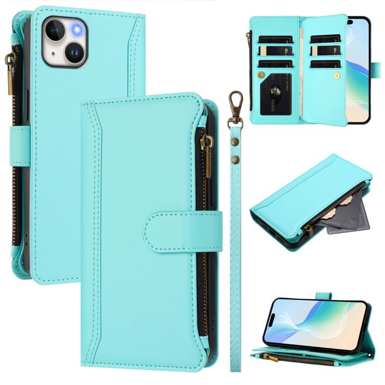 Magnetic Closure 9 Card Slots Zipper Leather Case with Hand Strap, For iPhone 16, For iPhone 15 Pro Max, For iPhone 15 Pro, For iPhone 15 Plus