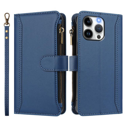 Magnetic Closure 9 Card Slots Zipper Leather Case with Hand Strap