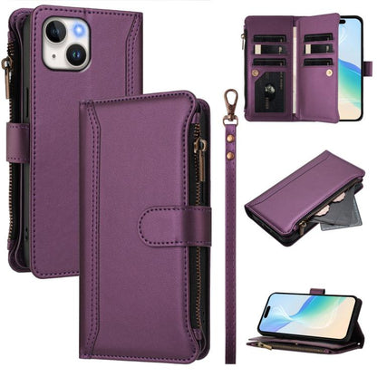 Magnetic Closure 9 Card Slots Zipper Leather Case with Hand Strap
