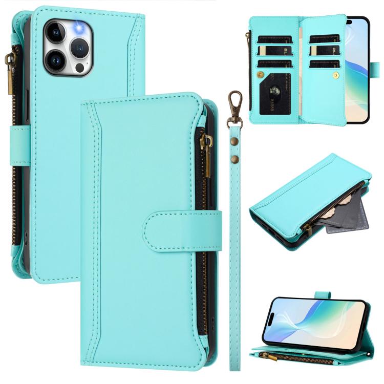 Magnetic Closure 9 Card Slots Zipper Leather Case with Hand Strap