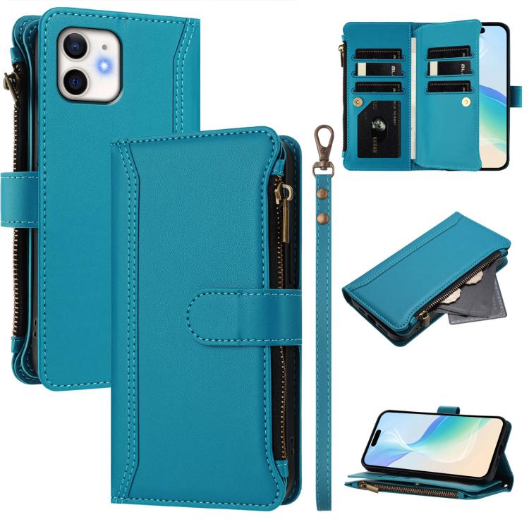 Magnetic Closure 9 Card Slots Zipper Leather Case with Hand Strap