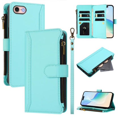 Magnetic Closure 9 Card Slots Zipper Leather Case with Hand Strap
