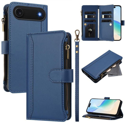 Magnetic Closure 9 Card Slots Zipper Leather Case with Hand Strap, For iPhone Air, For iPhone 16 Pro Max, For iPhone 16 Pro, For iPhone 16 Plus