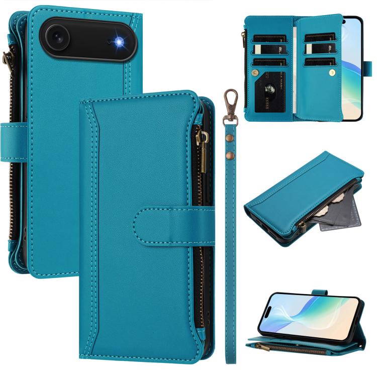 Magnetic Closure 9 Card Slots Zipper Leather Case with Hand Strap, For iPhone Air, For iPhone 16 Pro Max, For iPhone 16 Pro, For iPhone 16 Plus