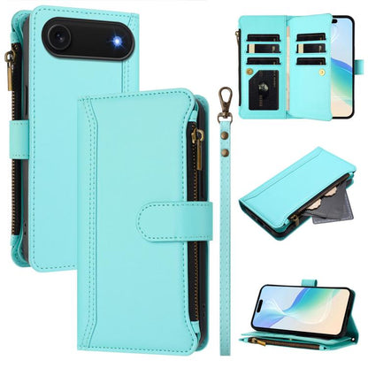 Magnetic Closure 9 Card Slots Zipper Leather Case with Hand Strap