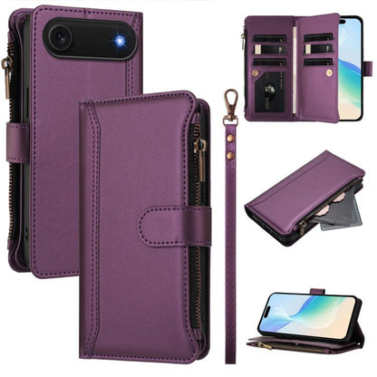 Magnetic Closure 9 Card Slots Zipper Leather Case with Hand Strap