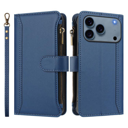 Magnetic Closure 9 Card Slots Zipper Leather Case with Hand Strap, For iPhone 18 Pro / 17 Pro, For iPhone 18 Pro Max / 17 Pro Max, For iPhone 17e / 16e, For iPhone 17