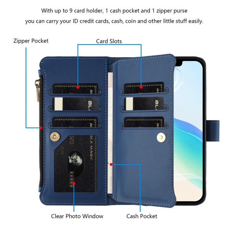 Magnetic Closure 9 Card Slots Zipper Leather Case with Hand Strap, For iPhone 18 Pro / 17 Pro, For iPhone 18 Pro Max / 17 Pro Max, For iPhone 17e / 16e, For iPhone 17