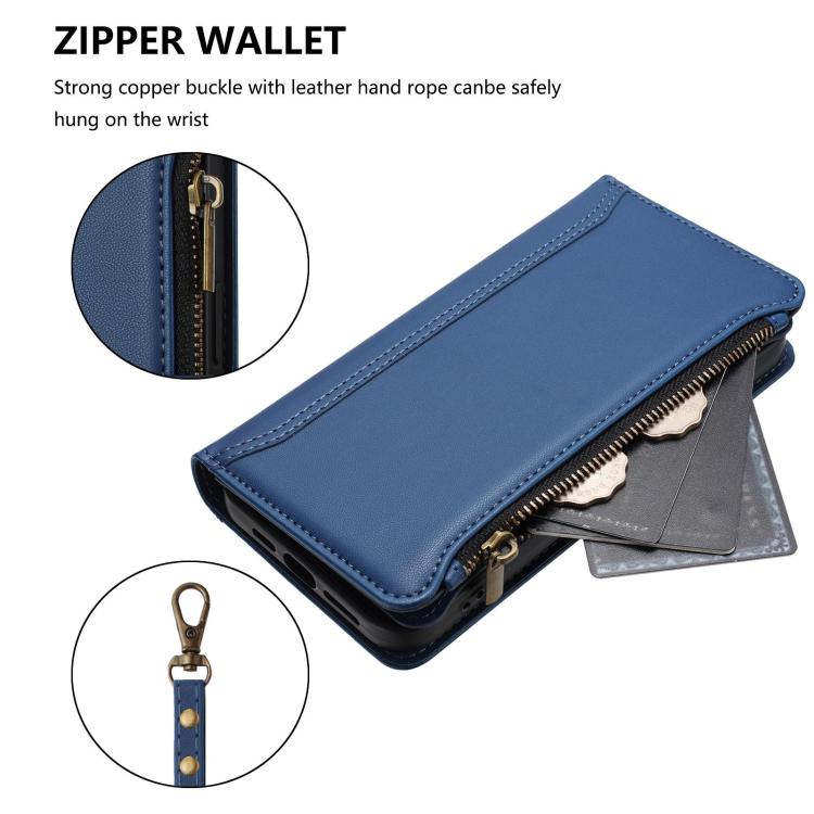 Magnetic Closure 9 Card Slots Zipper Leather Case with Hand Strap, For iPhone 18 Pro / 17 Pro, For iPhone 18 Pro Max / 17 Pro Max, For iPhone 17e / 16e, For iPhone 17