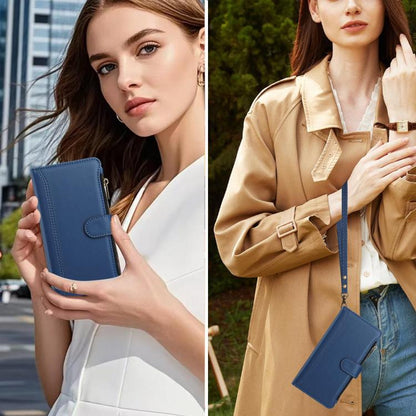Magnetic Closure 9 Card Slots Zipper Leather Case with Hand Strap, For iPhone 18 Pro / 17 Pro, For iPhone 18 Pro Max / 17 Pro Max, For iPhone 17e / 16e, For iPhone 17