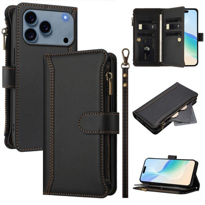 Magnetic Closure 9 Card Slots Zipper Leather Case with Hand Strap, For iPhone 17e / 16e, For iPhone 17 Pro Max, For iPhone 17 Pro, For iPhone 17