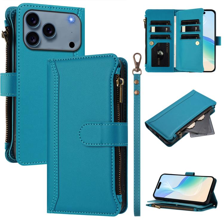 Magnetic Closure 9 Card Slots Zipper Leather Case with Hand Strap, For iPhone 17e / 16e, For iPhone 17 Pro Max, For iPhone 17 Pro, For iPhone 17