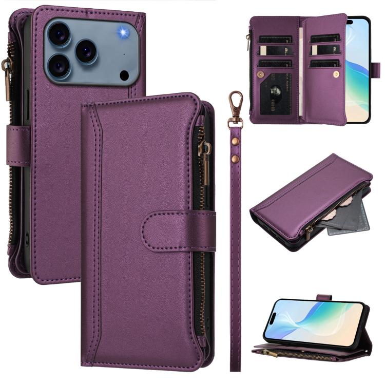Magnetic Closure 9 Card Slots Zipper Leather Case with Hand Strap, For iPhone 17e / 16e, For iPhone 17 Pro Max, For iPhone 17 Pro, For iPhone 17