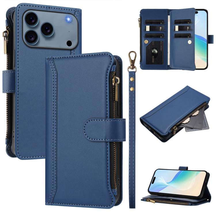 Magnetic Closure 9 Card Slots Zipper Leather Case with Hand Strap