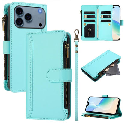 Magnetic Closure 9 Card Slots Zipper Leather Case with Hand Strap, For iPhone 17e / 16e, For iPhone 17 Pro Max, For iPhone 17 Pro, For iPhone 17