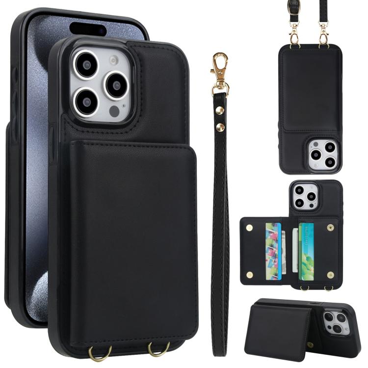 Crossbody Dual-buckle Wallet RFID Back Leather Phone Case, For iPhone 16 Plus, For iPhone 16, For iPhone 15 Pro Max
