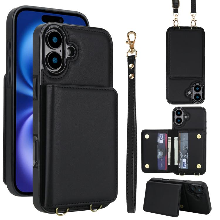 Crossbody Dual-buckle Wallet RFID Back Leather Phone Case, For iPhone 16 Plus, For iPhone 16, For iPhone 15 Pro Max