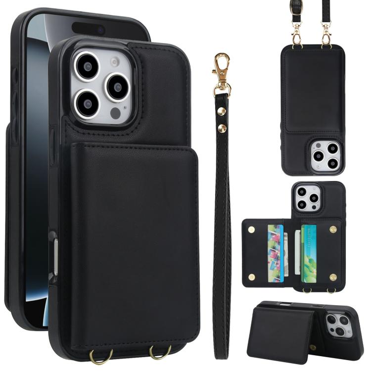 Crossbody Dual-buckle Wallet RFID Back Leather Phone Case, For iPhone 16e, For iPhone 16 Pro Max, For iPhone 16 Pro
