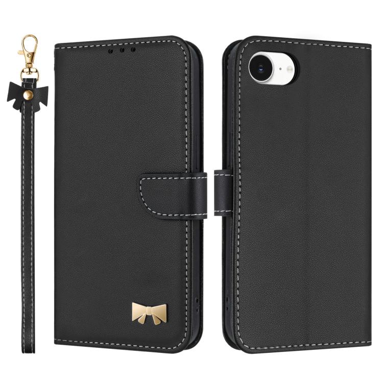 Metal Bow Leather Phone Case with Hand Strap, For iPhone 18 Pro / 17 Pro, For iPhone 18 Pro Max / 17 Pro Max, For iPhone 17e / 16e, For iPhone 17