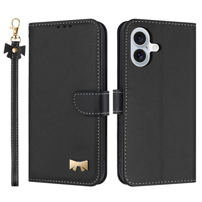 Metal Bow Leather Phone Case with Hand Strap, For iPhone 16e, For iPhone 16 Pro Max, For iPhone 16 Pro, For iPhone 16 Plus