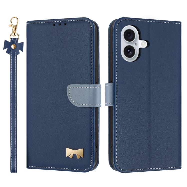 Metal Bow Leather Phone Case with Hand Strap, For iPhone 16, For iPhone 15 Pro Max, For iPhone 15 Pro, For iPhone 15 Plus / 14 Plus