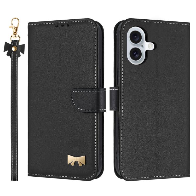 Metal Bow Leather Phone Case with Hand Strap, For iPhone 16, For iPhone 15 Pro Max, For iPhone 15 Pro, For iPhone 15 Plus / 14 Plus