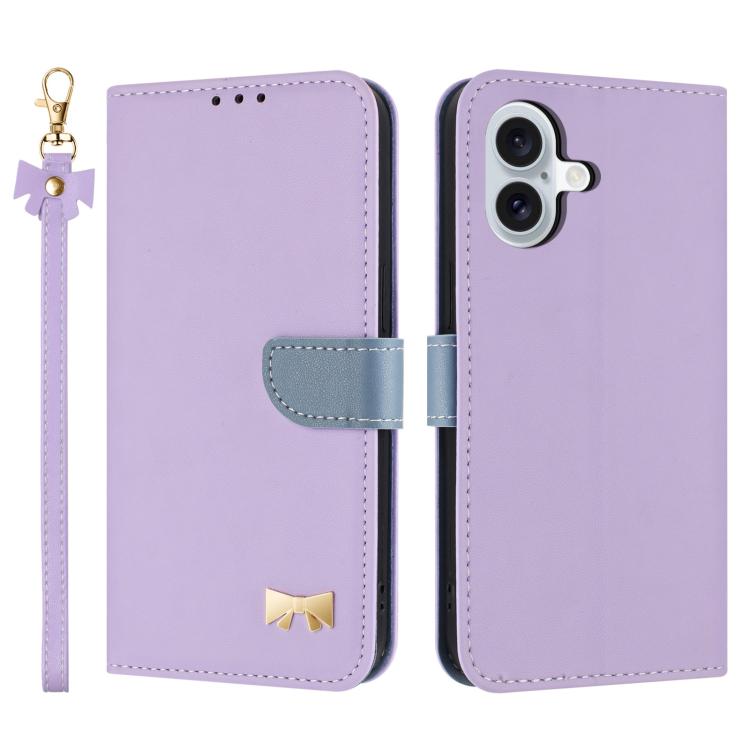 Metal Bow Leather Phone Case with Hand Strap, For iPhone 16, For iPhone 15 Pro Max, For iPhone 15 Pro, For iPhone 15 Plus / 14 Plus