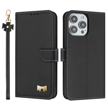 Metal Bow Leather Phone Case with Hand Strap, For iPhone 16, For iPhone 15 Pro Max, For iPhone 15 Pro, For iPhone 15 Plus / 14 Plus