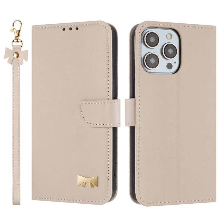 Metal Bow Leather Phone Case with Hand Strap, For iPhone 16, For iPhone 15 Pro Max, For iPhone 15 Pro, For iPhone 15 Plus / 14 Plus