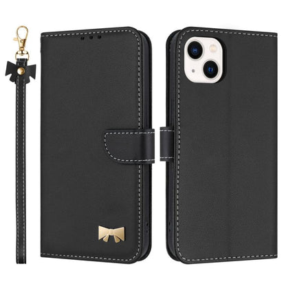 Metal Bow Leather Phone Case with Hand Strap, For iPhone 16, For iPhone 15 Pro Max, For iPhone 15 Pro, For iPhone 15 Plus / 14 Plus
