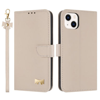 Metal Bow Leather Phone Case with Hand Strap, For iPhone 16, For iPhone 15 Pro Max, For iPhone 15 Pro, For iPhone 15 Plus / 14 Plus