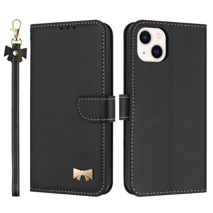 Metal Bow Leather Phone Case with Hand Strap, For iPhone 15, For iPhone 14 / 13, For iPhone 14 Pro, For iPhone 14 Pro Max