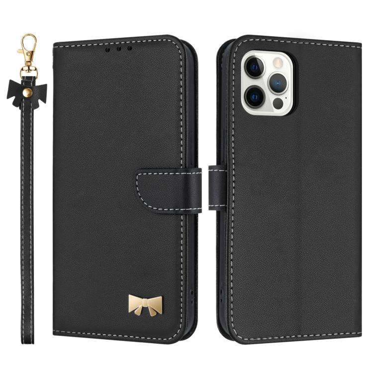 Metal Bow Leather Phone Case with Hand Strap, For iPhone 7 / 8 / SE 2022, For iPhone 13 Pro Max, For iPhone 13 Pro, For iPhone 12 / 12 Pro