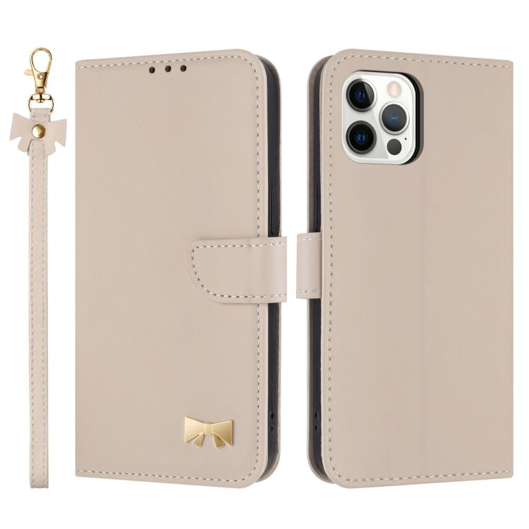 Metal Bow Leather Phone Case with Hand Strap, For iPhone 7 / 8 / SE 2022, For iPhone 13 Pro Max, For iPhone 13 Pro, For iPhone 12 / 12 Pro