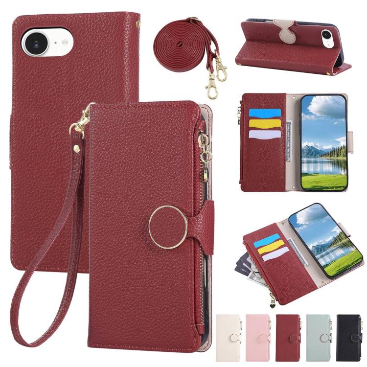 Round Buckle Zipper Wallet Leather Phone Case with Crossbody Strap