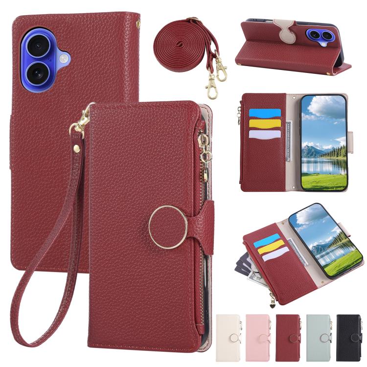 Round Buckle Zipper Wallet Leather Phone Case with Crossbody Strap