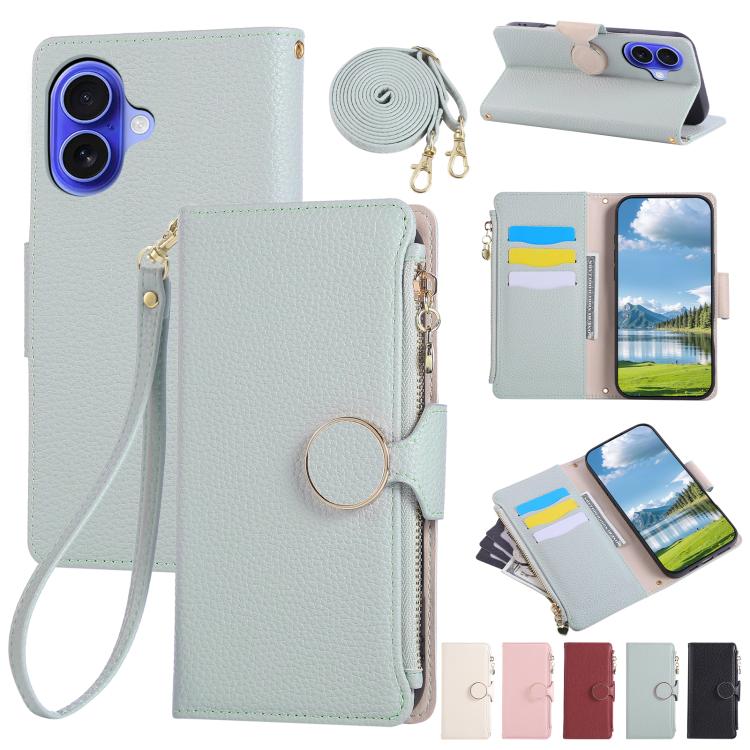 Round Buckle Zipper Wallet Leather Phone Case with Crossbody Strap