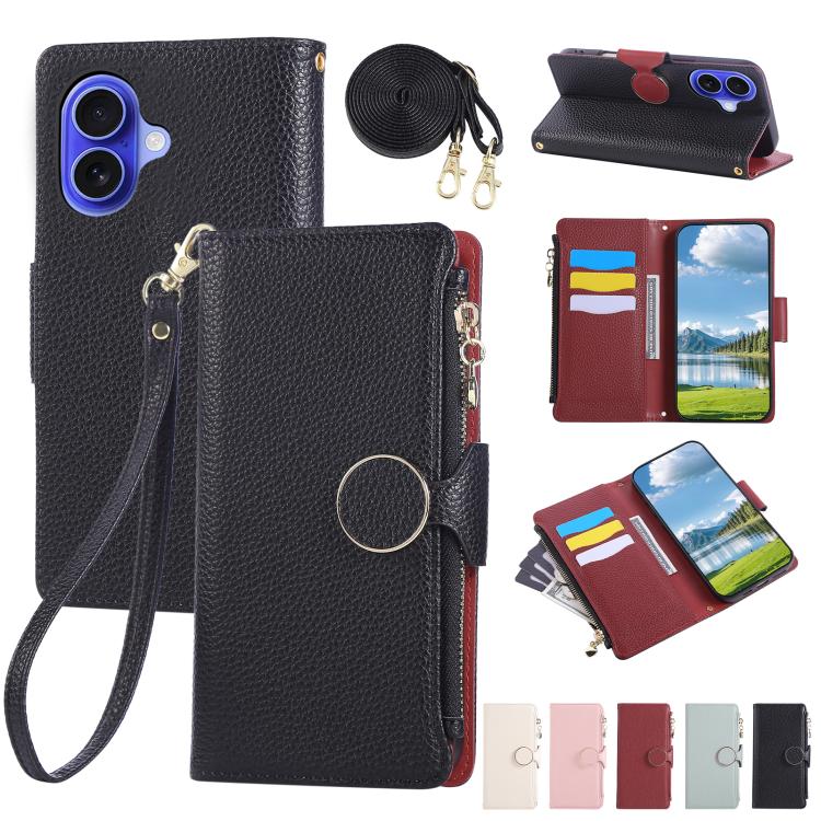 Round Buckle Zipper Wallet Leather Phone Case with Crossbody Strap