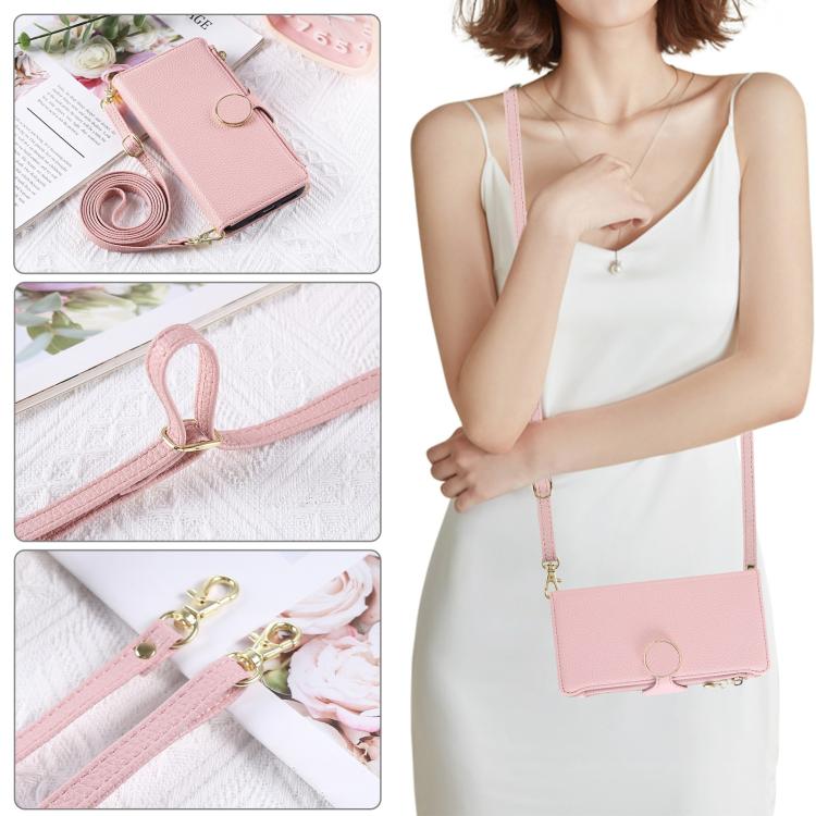 Round Buckle Zipper Wallet Leather Phone Case with Crossbody Strap