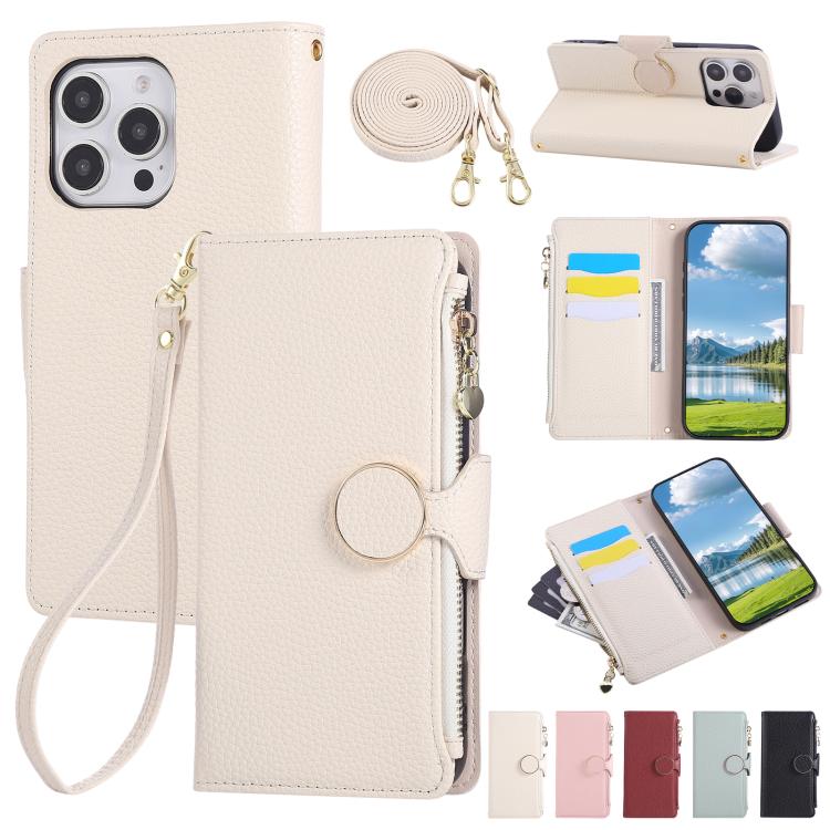 Round Buckle Zipper Wallet Leather Phone Case with Crossbody Strap