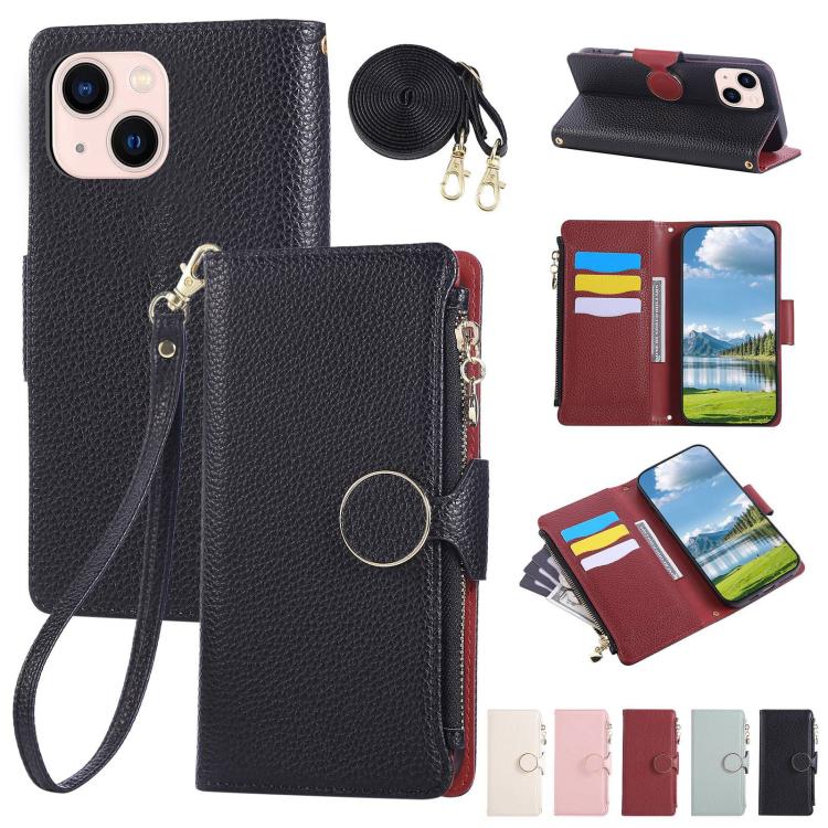 Round Buckle Zipper Wallet Leather Phone Case with Crossbody Strap